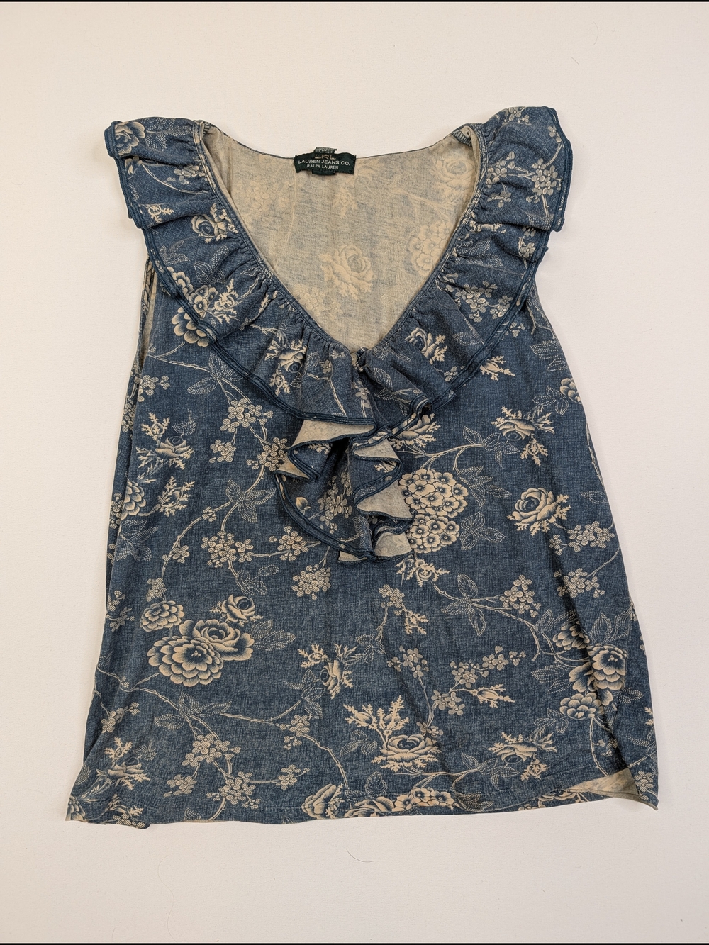 VTG Y2K Cotton Lauren Ralph Lauren Blue Floral Ruffle Sleeveless Top